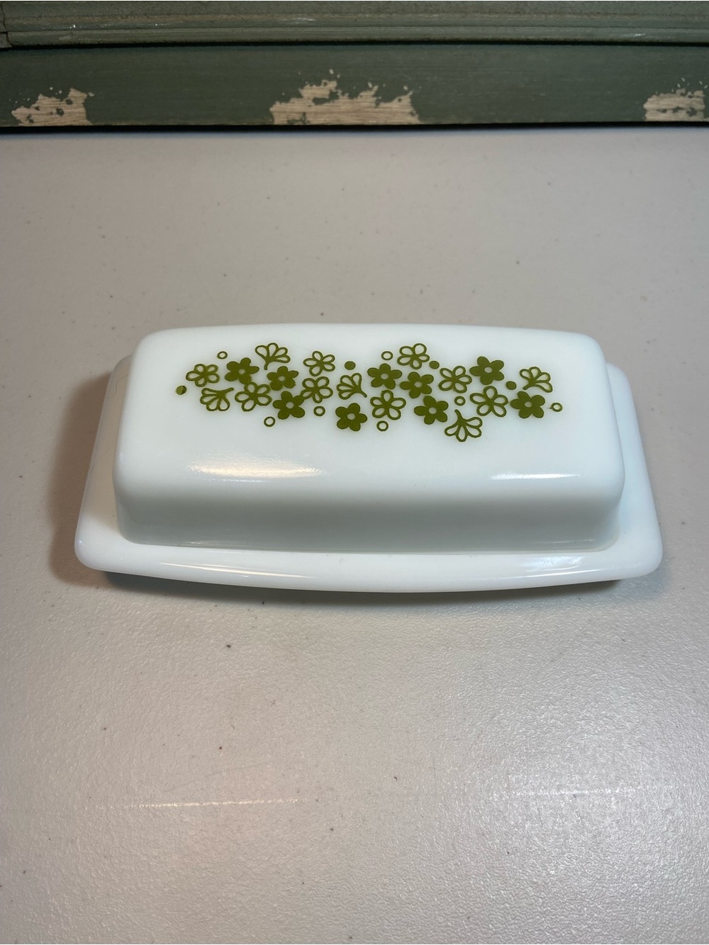 Vintage Pyrex White Butter Dish with Olive Green Daisy Floral
